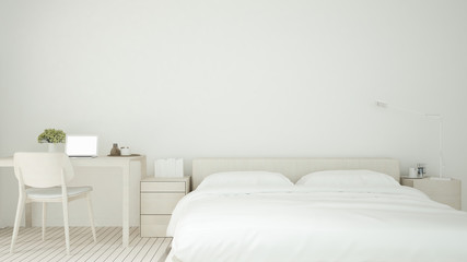 White bed room in hotel or condominium - Bedroom and workplace in apartment or home on white tone  - 3D Rendering