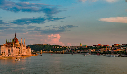 Fototapeta na wymiar sunset city view of Budapest from Margaret bridge in Hungarian summer 