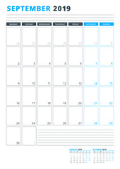 Calendar Template for September 2019. Business Planner Template. Stationery Design. Week starts on Monday. Portrait orientation. Vector Illustration