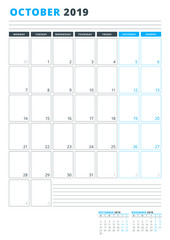 Calendar Template for October 2019. Business Planner Template. Stationery Design. Week starts on Monday. Portrait orientation. Vector Illustration