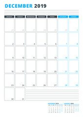 Calendar Template for December 2019. Business Planner Template. Stationery Design. Week starts on Monday. Portrait orientation. Vector Illustration