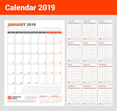 Calendar Template for 2019 year. Business Planner Template. Stationery Design. Week starts on Monday. Portrait orientation. Vector Illustration