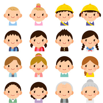 Isolated set of people all generation family man & woman flat style avatar expressions	