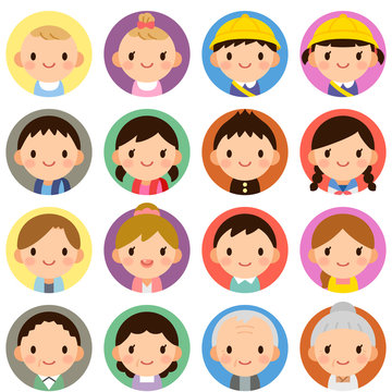 Isolated set of people all generation family man & woman flat style circle avatar expressions