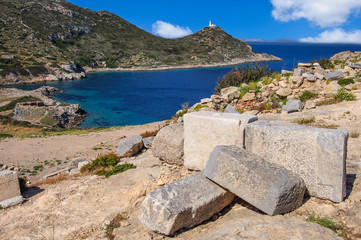 Fototapeta na wymiar Ancient Ruins in the ancient city of Knidos. Landscape with ancient ruins. The old sea port of Knidos. Turkey.