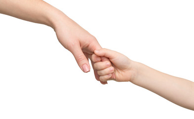 Kid holding mother's finger, isolated on white
