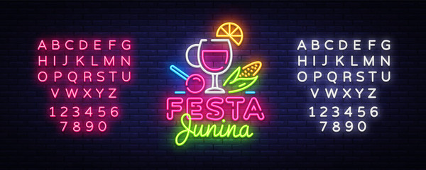 Festa Junina Festive Vector Illustration. Design template is neon style, modern trend design. Latin American holiday, Brazilian party, inscription on Portuguese Festa Junina. Editing text neon sign