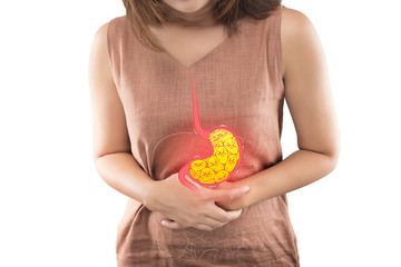 Woman suffering from indigestion or gastric isolated on white background