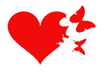 Красное сердце с вылетающими из него бабочками, изолирована на белом - obrazy, fototapety, plakaty
