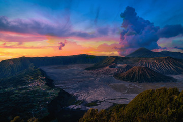 Mount Bromo volcano (Gunung Bromo) at sunrise with colorful sky background in Bromo Tengger Semeru National Park, East Java, Indonesia.