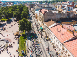 LVIV, UKRAINE – MAY 20, 2018: lviv bicycle day in center of the city. aerial view