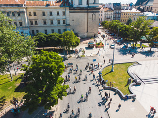 LVIV, UKRAINE – MAY 20, 2018: lviv bicycle day in center of the city. aerial view