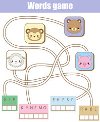 Educational game for children. Word maze activity. Learning vocabulary animals theme for toddlers