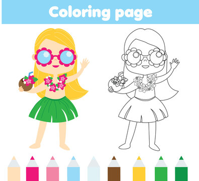 Summer holidays coloring page for kids. Girl in tropical hawaiian costume. Printable activity for children and toddlers