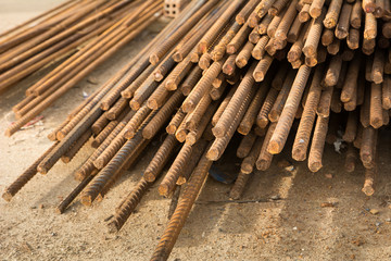 Rusty steel bar or steel reinforcement bar texture in construction site, Reinforcing Steel Bar background