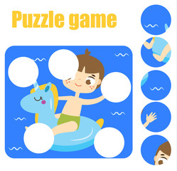 Puzzle game, Find missing part of picture. Educational activity for pre school years kids, toddlers and children. Summer holidays theme