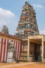 The colorful entrance gateway, or Gopuram, at the Sri Desikanathar Hindu temple in Soorakudi in Tamil Nadu state, India. The temple originated in the 8th century
