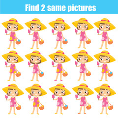 Find the same pictures educational game. Summertime theme activity for children and kids.