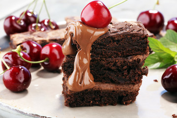 homemade chocolate brownies on rustic table. brownie bakery.