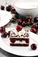Chocolate cake with cherries and whipped cream. Black Forest cake