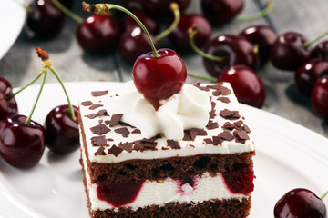 Chocolate cake with cherries and whipped cream. Black Forest cake