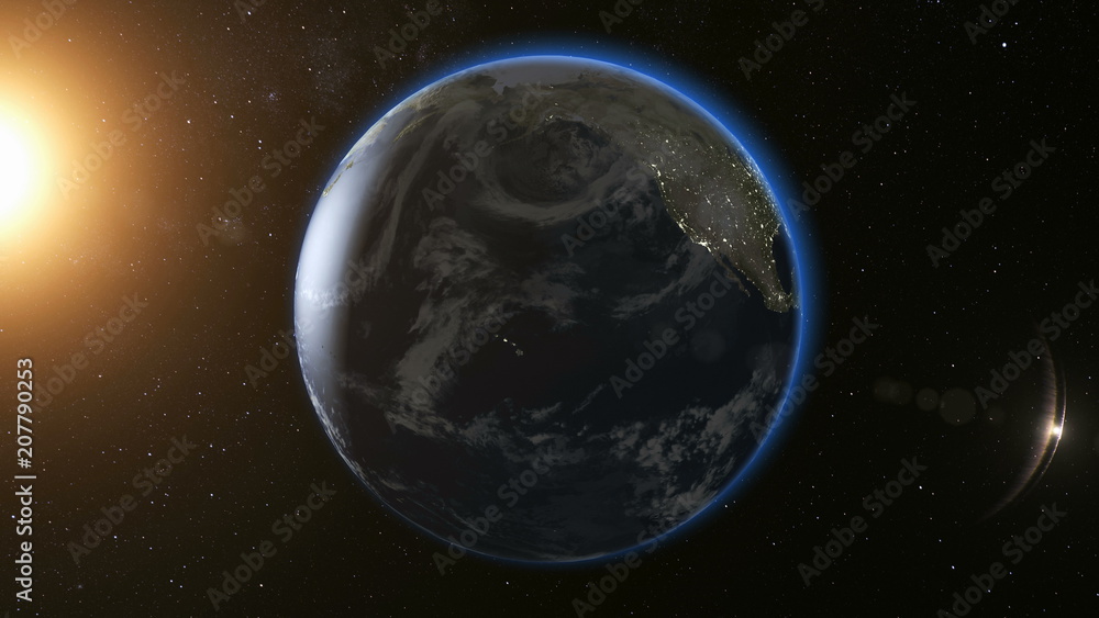 Wall mural space view on planet earth and sun star rotating on its axis in black universe. seamless loop with d