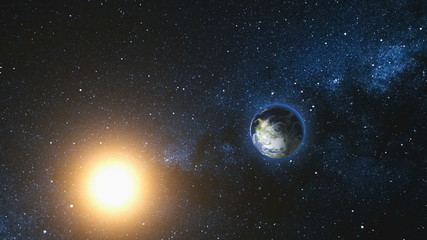 Space view on Planet Earth and Sun Star rotating on its axis in black Universe. Milky Way in the background. Seamless loop with day and night city lights change. Elements of image furnished by NASA