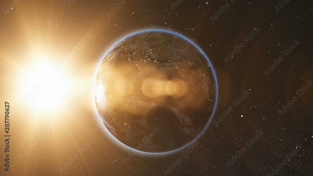 Canvas Prints space view on planet earth and sun star rotating on its axis in black universe. seamless loop with d