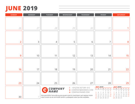 Calendar Template for June 2019. Business Planner Template. Stationery Design. Week starts on Sunday. Landscape orientation. Vector Illustration