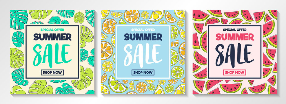 Summer Sale - collection of colourful posters with: tropical leaves, watermelons and citrus fruits. Vector.