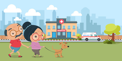 Old couples, man and woman in sport wear with a puppy relaxing on lawn in hospital. Cartoon vector illustration.