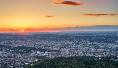 Fototapeta premium Sunset over Stuttgart City in Germany / View from the first TV Tower in the world