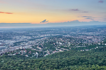 Sunset over Stuttgart City in Germany / View from the first TV Tower in the world