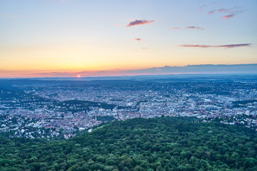 Sunset over Stuttgart City in Germany / View from the first TV Tower in the world