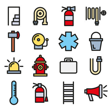 Firefighter, Fire department and emergency icon set