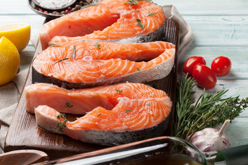 Raw salmon fish steaks