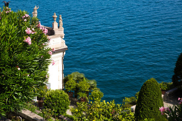 Maggiore lake in Italy, beautiful garden with oleander bushes in Borromeo island Isola bella.