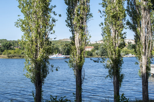 View from park in Beloslav town. The town is located 19 km west of Varna. It is situated on the two banks of the deep water channel Varna - Devnya. Beloslav is situated downhill between several hills.