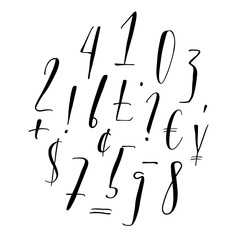 Pen lettering numbers, punctuation and currency symbols. Modern calligraphy, handwritten letters. Vector illustration