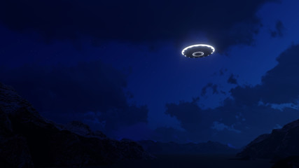 3D render UFO over the mountains