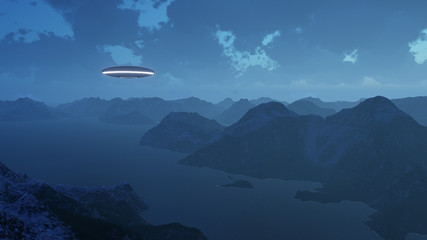 3D render UFO over the mountains