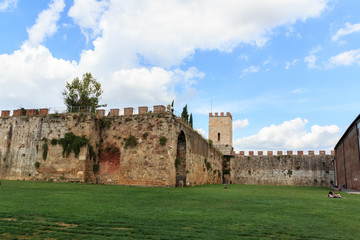 Fototapeta na wymiar Steinmauer mit dem Löwentor (Porta del Leone) am Platz Piazza dei Miracoli in Pisa,Toskana, Italien