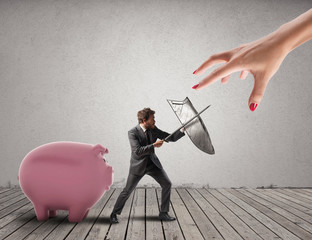 Business man protects financial capital from the tax office fighting with sword and shield. 3D...