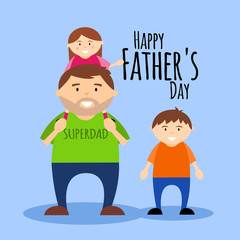 Happy Father's Day greeting card, dad with children. Vector illustration.