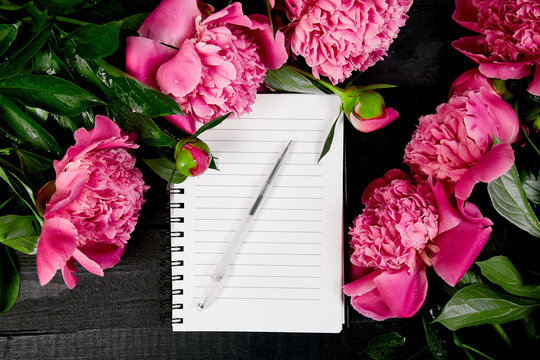 Beautiful pink peony flowers with note.