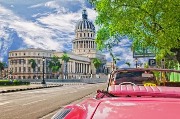 Stickers pour porte Havana vue sur le capitole à la havane et charrette classique