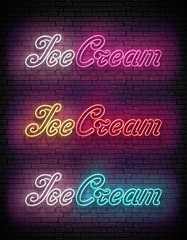 Vintage Set of 3 Glow Signboards with Ice Cream Inscription in Different Colors. Neon Retro Lettering