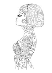 Vector in profile glamorous woman with long eyelashes and a haircut bob . Pensive girl with a tattoo rose and thorns on a beautiful female body. Pattern for coloring page A4 size.