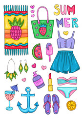 Vector cute colored set  icons, signs summer fashion beachwear and accessories. Collection Summer fresh elements for summer holiday and party. Set collection for design. Isolated on white back