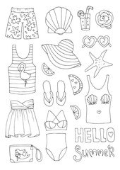 Vector hand drawn set  icons, signs summer fashion beachwear and accessories. Collection Summer elements for summer holiday and party. Set collection for design. Coloring page Isolated on white back